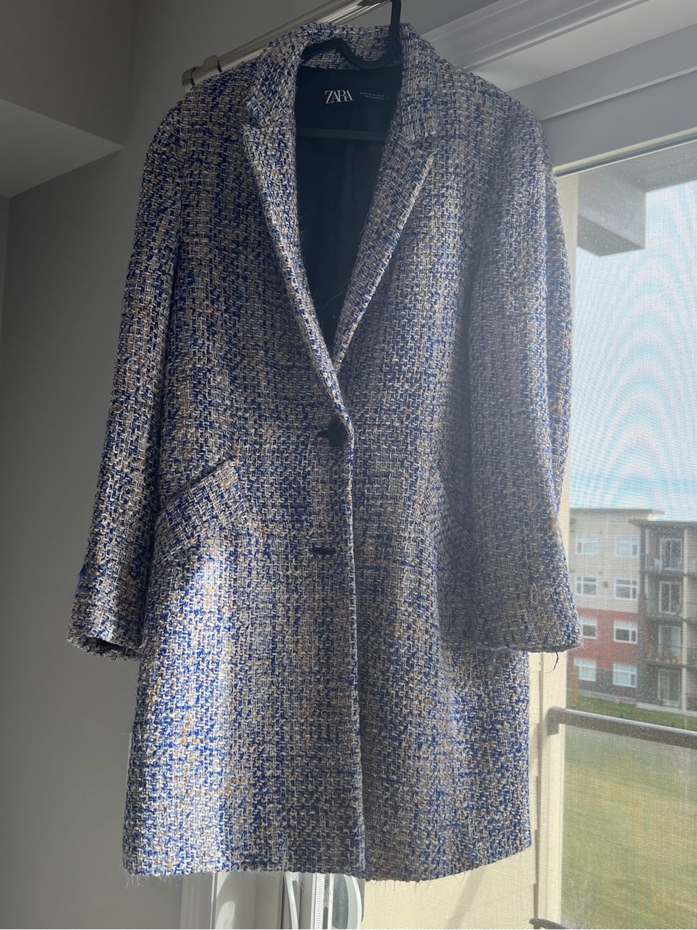 Zara Blue and Cream Tweed Single-Button Coat